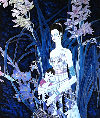 ティン・シャオ・クァンの絵画作品　タイトルは、花景の母子像